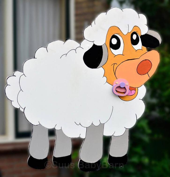 Geboortebord Lammetje met Roze speen ipv Geboorte Ooievaar., Kinderen en Baby's, Kraamcadeaus en Geboorteborden, Geboortebord