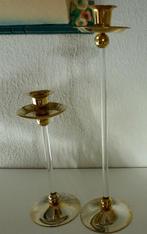 2x Kandelaars lucite (plexiglas) met messing., Verzenden, Zo goed als nieuw, Kandelaar, 25 tot 50 cm
