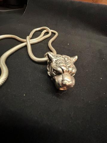 Zilveren Tijger kop met ketting 925 zilver beschikbaar voor biedingen