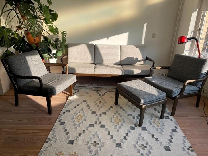 Danish Design Vintage driezits bank met 2 fauteuils, Huis en Inrichting, Banken | Complete zithoeken, Gebruikt, Hout, Stof, Ophalen