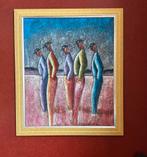 'Five Standing Men' Painting  Acrylic on Coconut hair Canvas, Ophalen