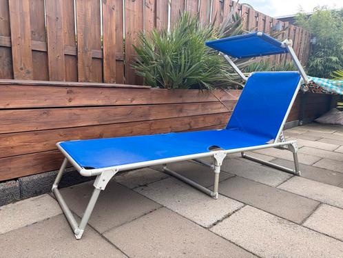Aluminium Ligbed met Zonnescherm, Tuin en Terras, Ligbedden, Gebruikt, Aluminium, Inklapbaar, Verstelbaar, Ophalen