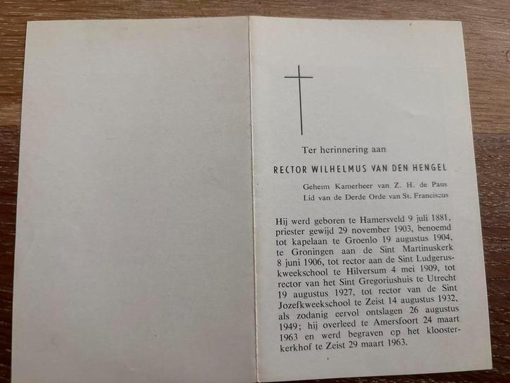 Hengel van den Wilhelmus 1881 Hamersveld 1963 Amersfoort, Verzamelen, Bidprentjes en Rouwkaarten, Bidprentje, Ophalen of Verzenden