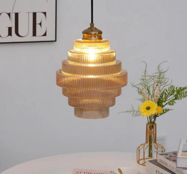 Art deco amber hanglamp, Huis en Inrichting, Lampen | Hanglampen, Zo goed als nieuw, Minder dan 50 cm, Glas, Ophalen of Verzenden