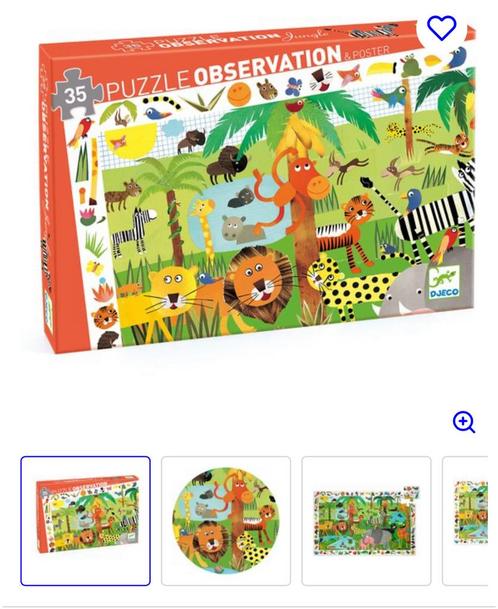 NIEUW Puzzel Djeco Drukte in de jungle 35 stukjes + poster, Kinderen en Baby's, Speelgoed | Kinderpuzzels, Zo goed als nieuw, Meer dan 50 stukjes