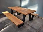 Picknicktafel staal en douglas/lariks hout. W frame Boomstam, Niet ingevuld, Niet ingevuld, Nieuw, Ophalen of Verzenden