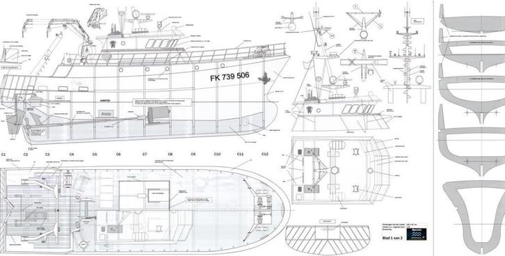  Bouwtekeningen van een Hektrawler / werkboot, Hobby en Vrije tijd, Modelbouw | Boten en Schepen, Nieuw, Ophalen of Verzenden