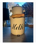 Emaille Melkkan Hengsel Deksel crème groene letters 25 cm hg, Antiek en Kunst, Ophalen of Verzenden