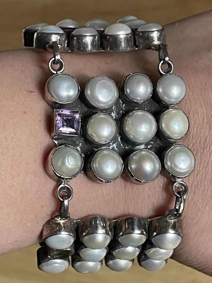 Unieke massief zilveren armband met parels & edelsteen 102 g, Sieraden, Tassen en Uiterlijk, Armbanden, Zo goed als nieuw, Zilver