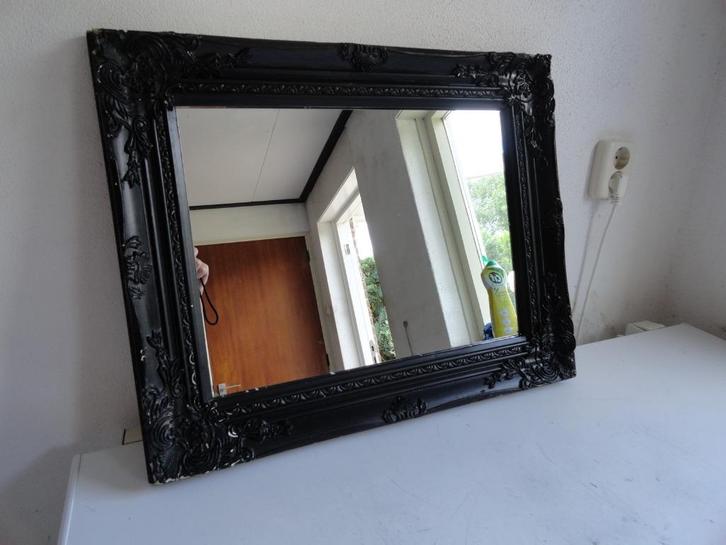 Spiegel, antieke zwarte houten spiegel, mooi uitgewerkt, Antiek en Kunst, Antiek | Spiegels, 50 tot 100 cm, Minder dan 100 cm