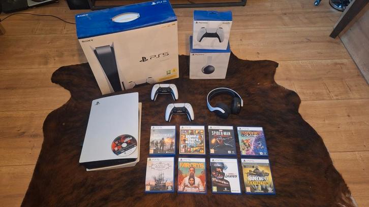 Playstation 5 met accessoires en games, Spelcomputers en Games, Spelcomputers | Sony PlayStation 5, Zo goed als nieuw, Playstation 5