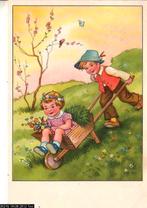 Ansichtkaart	Kinderkaart	Jongen en meisje met kruiwagen, Verzenden, 1940 tot 1960, Gelopen, Kinderen