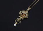 Sale Antiek gouden hanger diamant parel gourmet ketting dame, Ophalen of Verzenden, Goud, Ketting, Met edelsteen