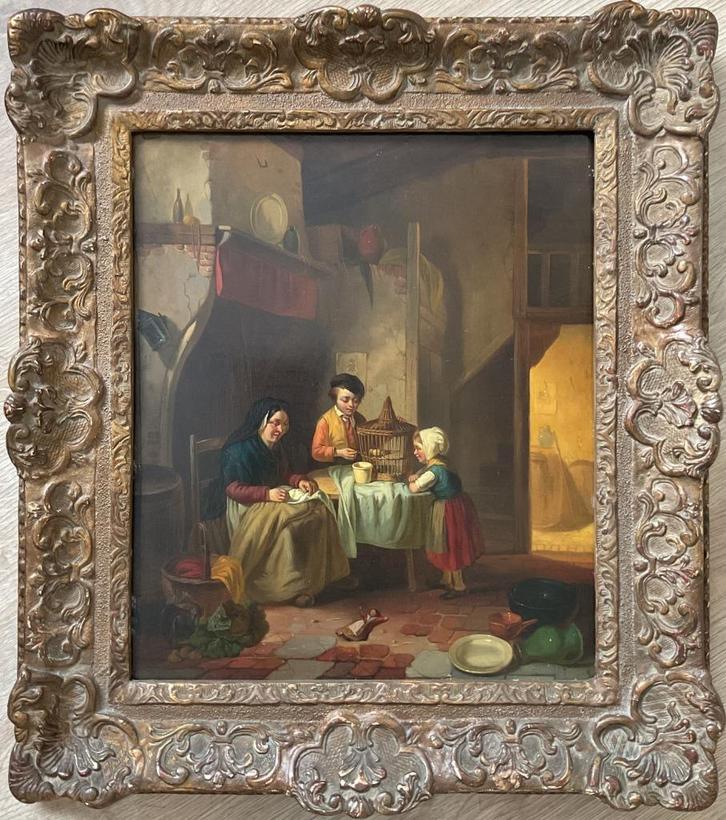 Ferdinand de Braekeleer (1792-1883) - Feeding the bird, Antiek en Kunst, Kunst | Schilderijen | Klassiek, Ophalen of Verzenden