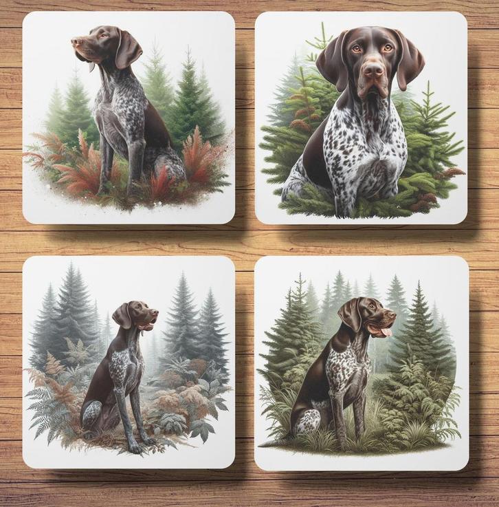 Duitse Staande Korthaar Bos onderzetters met houder, Huis en Inrichting, Woonaccessoires | Onderzetters, Nieuw, Glas of Kopje