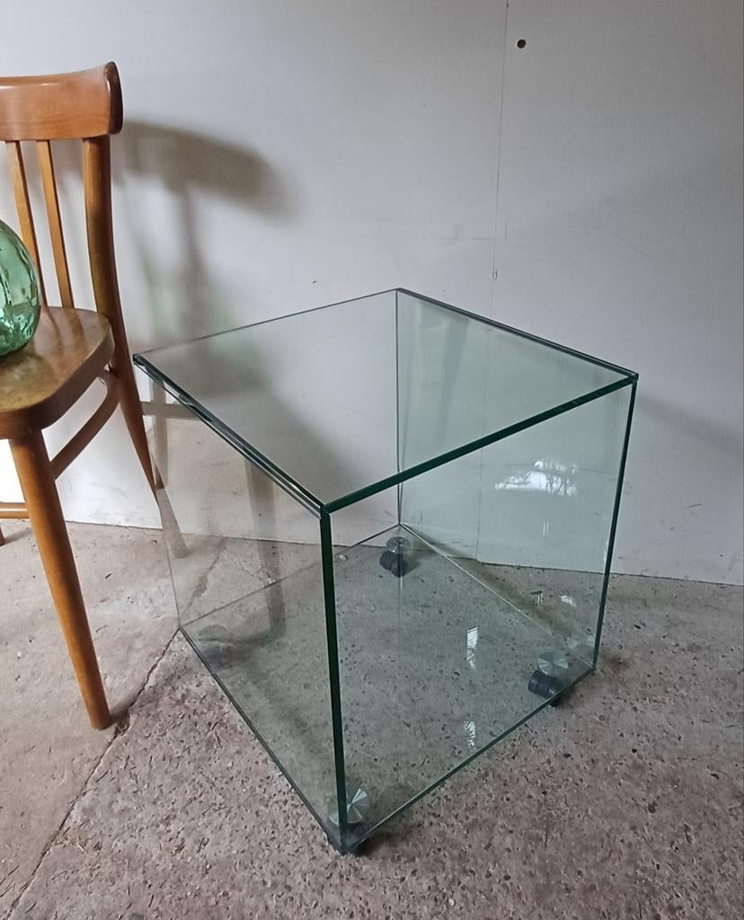 Vintage design glazen kubus tafeltje audio meubel, 50 tot 100 cm, Rond, Ophalen of Verzenden, 25 tot 50 cm