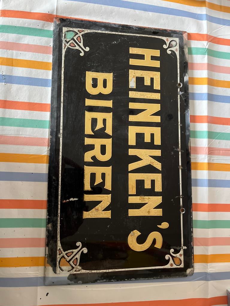Vintage Heineken's Bieren reclamebord - oud café glas, Ophalen of Verzenden, Gebruikt