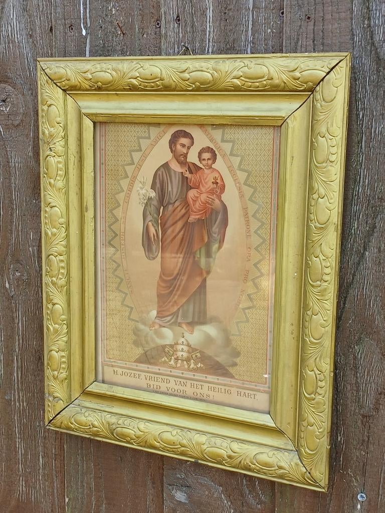 Antieke ingelijste prent H. Jozef met kindje Jezus, Ophalen of Verzenden