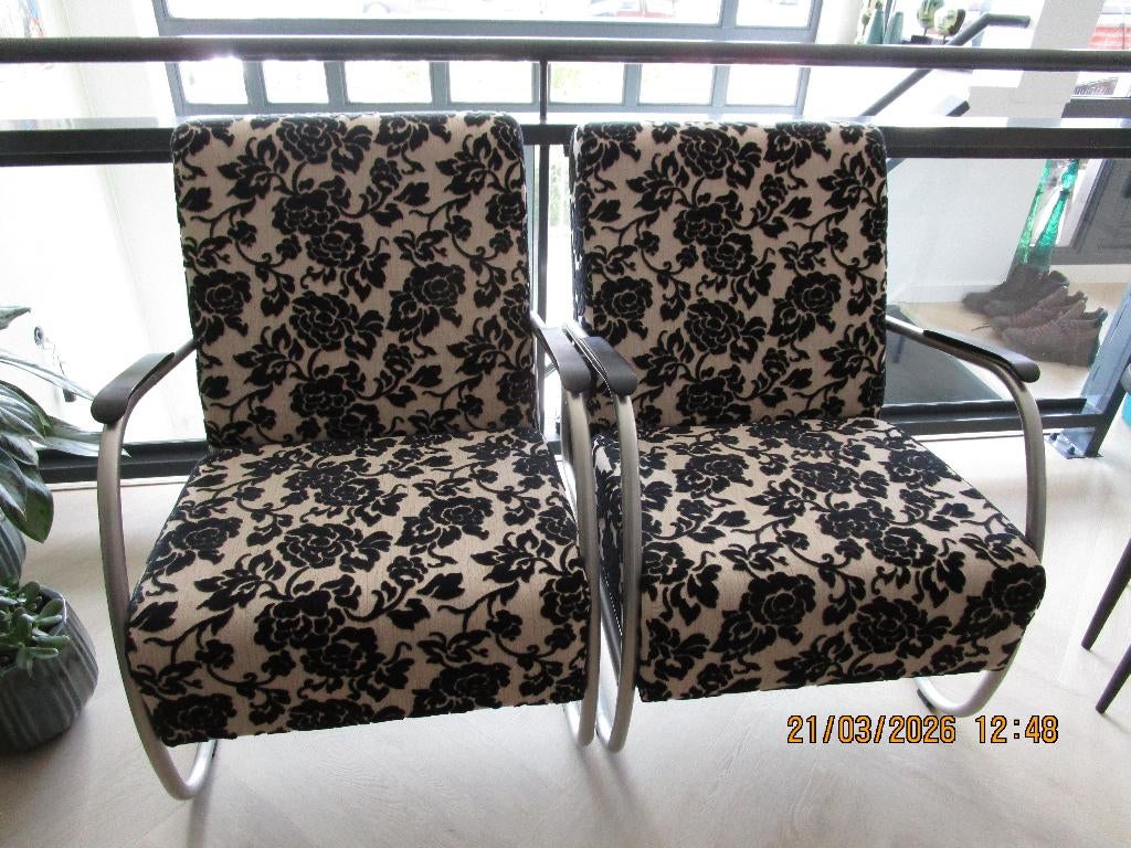 2 Gebloemde Fauteuils Zwart/Beige, Ophalen, Gebruikt, 75 tot 100 cm, Stof