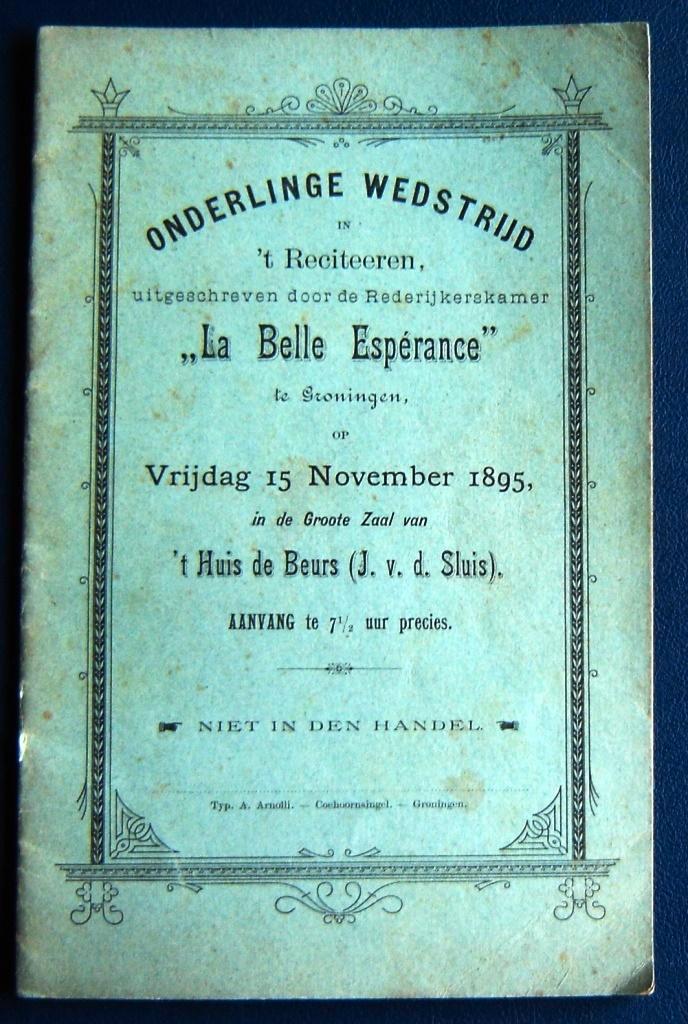 La Belle Espérance te Groningen, Onderlinge Wedstrijd 1895., Antiek en Kunst, Curiosa en Brocante, Ophalen of Verzenden