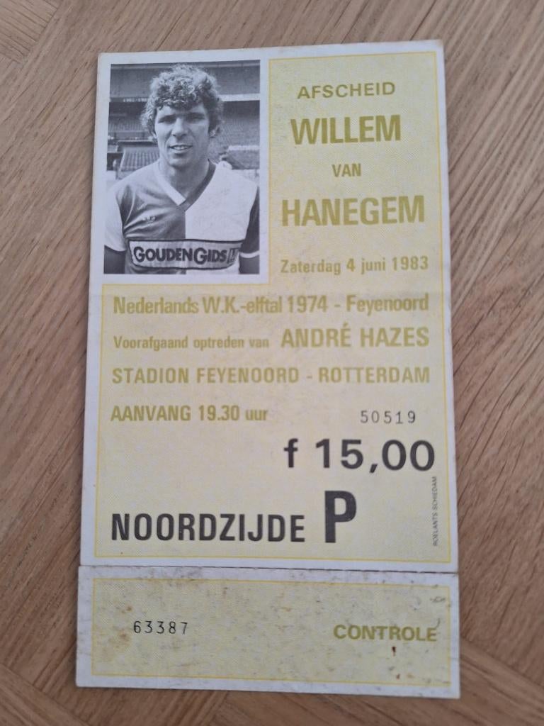 Ticket afscheidsduel Willem van Hanegem (1983), Ophalen of Verzenden, Zo goed als nieuw, Feyenoord, Overige typen