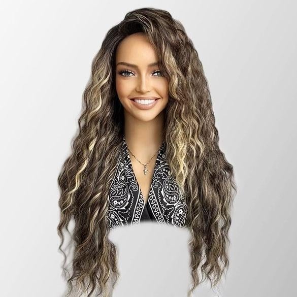 Pruik met lang donkerbruin haar wave slagen en blonde highli, Verzenden, Nieuw, Pruik of Haarverlenging