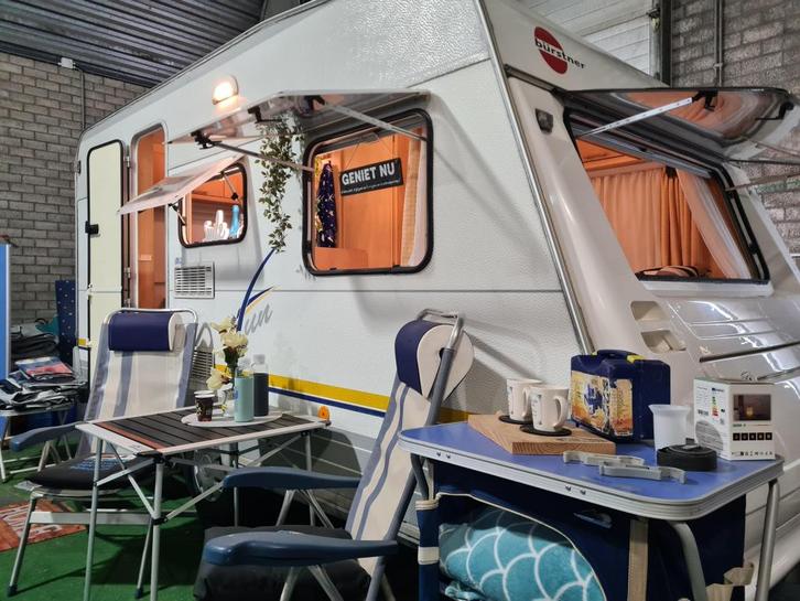 Bürstner FUN SPORTIV 390 TN / BJ 1999 / VOORTENT, Caravans en Kamperen, Caravans, Bedrijf, 750 - 1000 kg, Treinzit, Bürstner, Dwarsbed