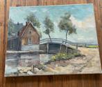 Olieverfschilderij: Hollands landschap met huis en brug, Antiek en Kunst, Kunst | Schilderijen | Klassiek, Ophalen of Verzenden