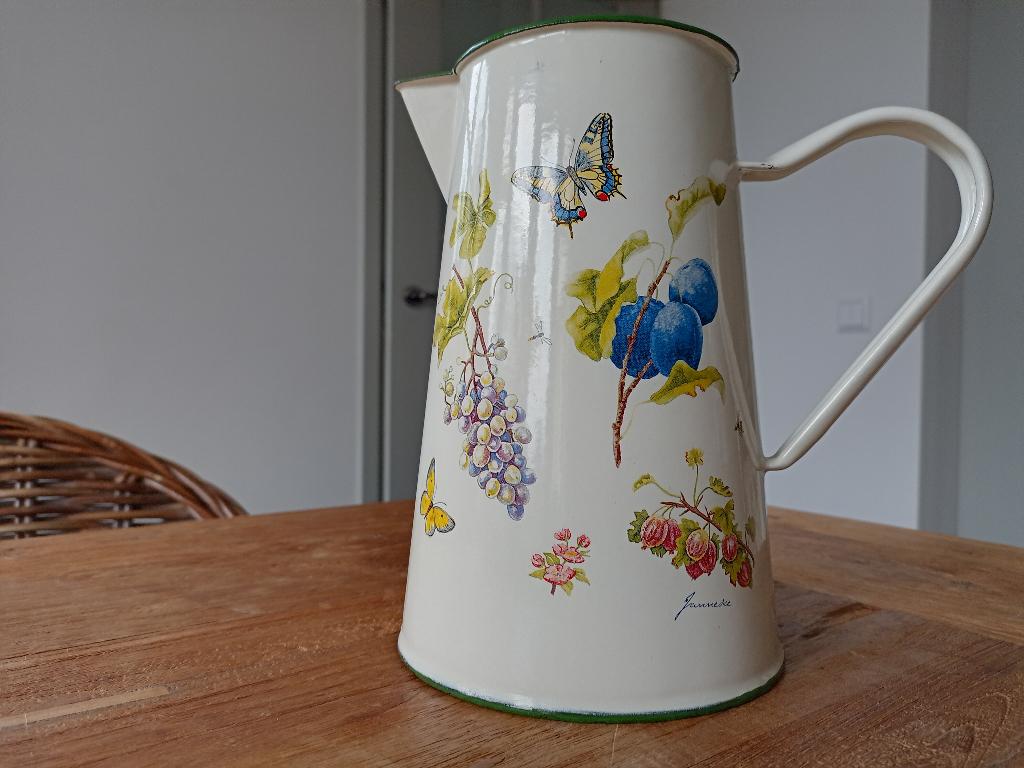 Mooie emaille kan creme/fruit/vlinders/Janneke, Ophalen of Verzenden