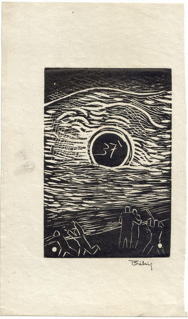 Herman Bieling houtsnede "Vloedgolf '37", 1936, gesigneerd, Ophalen, Landschap, Houtsnede, Origineel