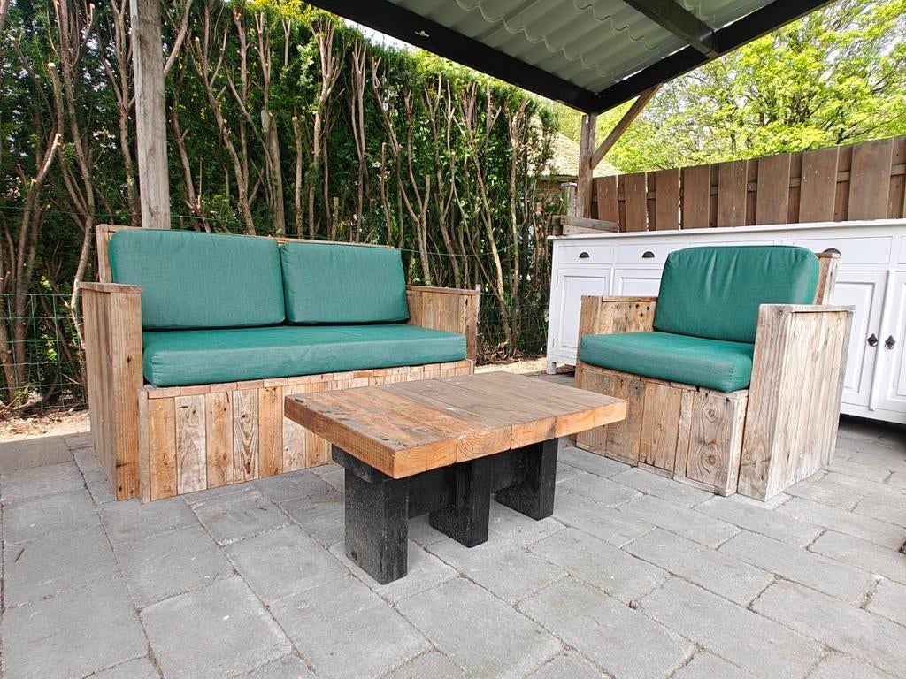 Steigerhouten tuinset met kussens, Ophalen, Gebruikt, Steigerhout