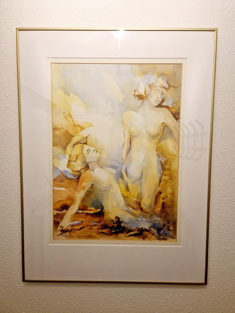 Acrylschilderij van kunstenares in passe-partout lijst, Antiek en Kunst, Kunst | Schilderijen | Modern, Ophalen of Verzenden