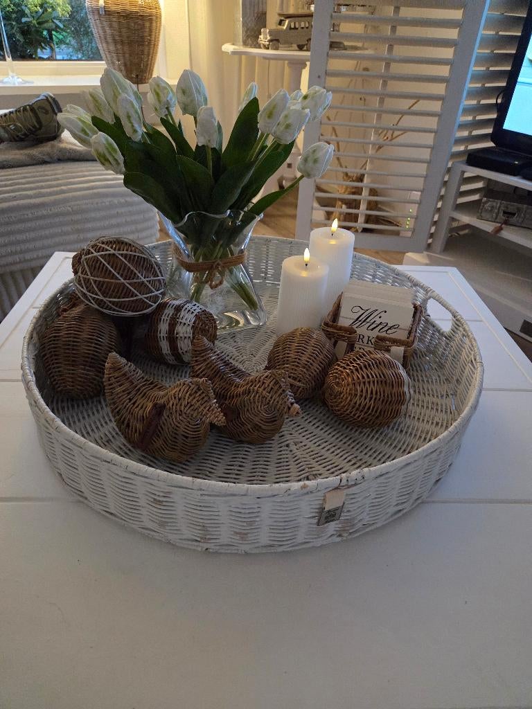 Zgan   riviera maison  rattan rond dienblad   60 cm!, Ophalen of Verzenden, Zo goed als nieuw, Rond, Overige materialen