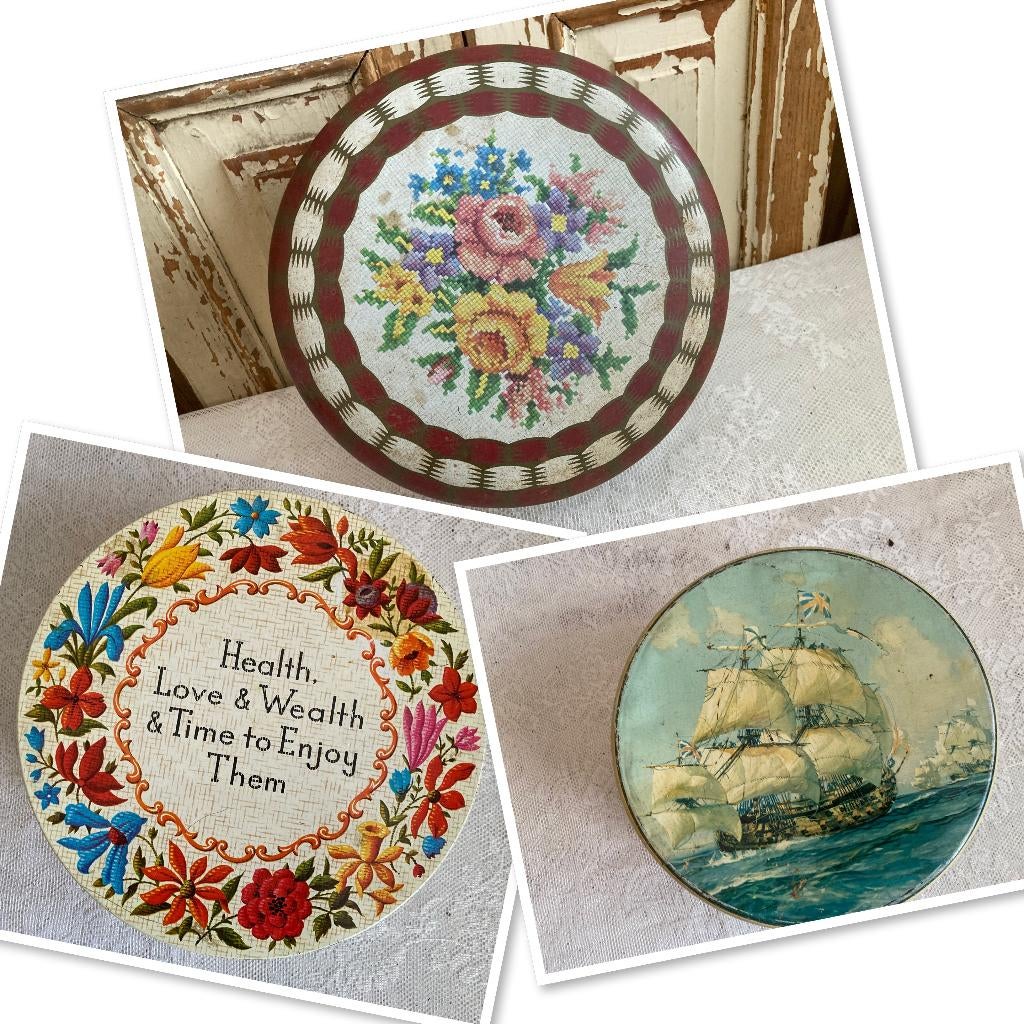 3x Brocante oude ronde koektrommel - koekjesblik - koekblik, Ophalen of Verzenden, Gebruikt, Overige, Overige merken