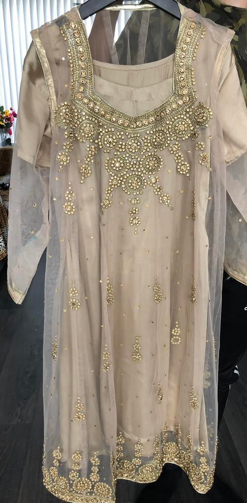 Indiase/Pakistaanse gouden anarkali kurti shalwar kameez set, Maat 38/40 (M), Overige typen, Zwart, Ophalen of Verzenden