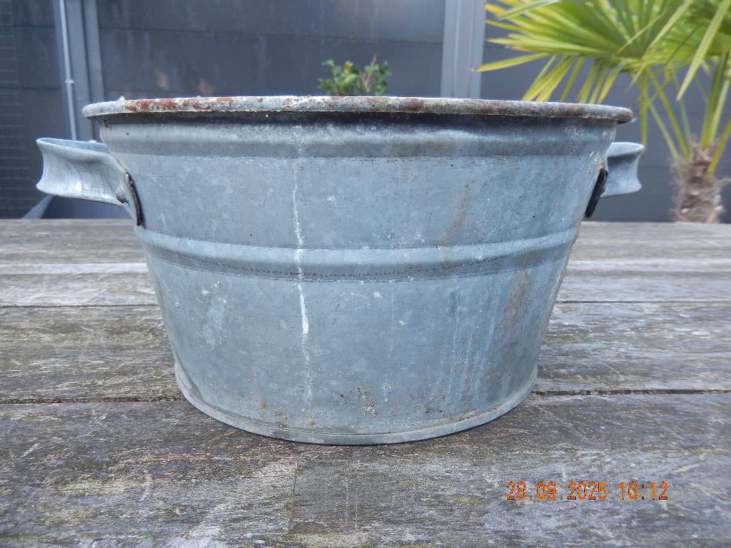 Brocante zinken emmer met handvatten, Antiek en Kunst, Ophalen of Verzenden