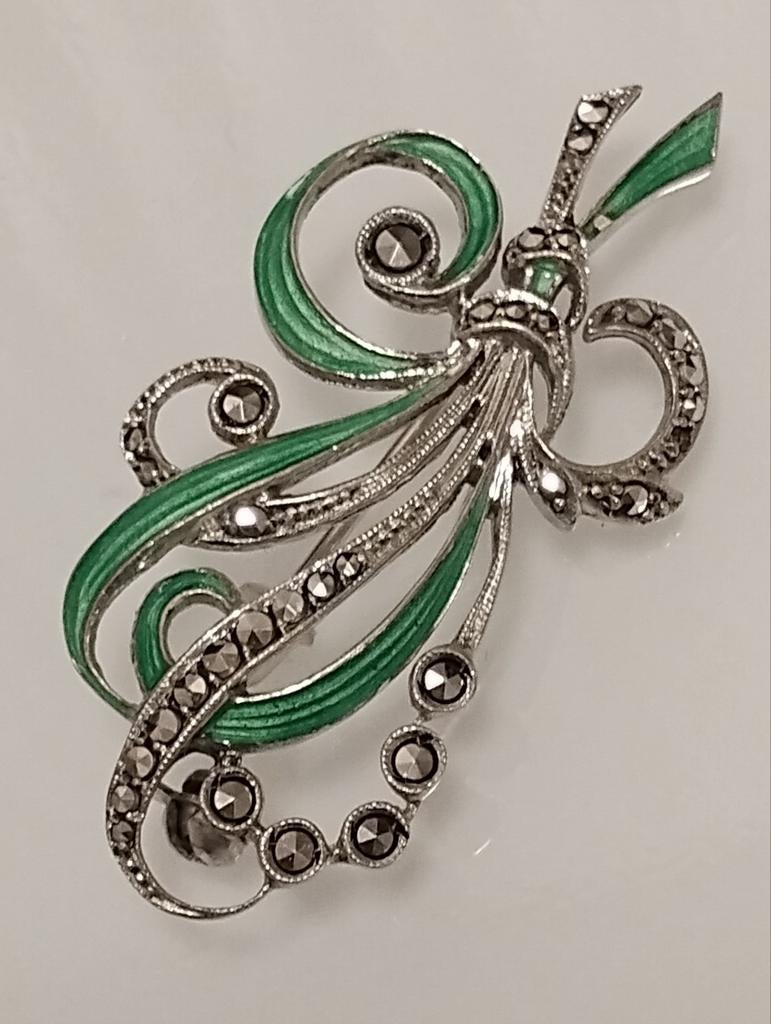 Antiek Art Deco 935 zilveren broche met markasiet en enamel, Sieraden, Tassen en Uiterlijk, Antieke sieraden, Ophalen of Verzenden