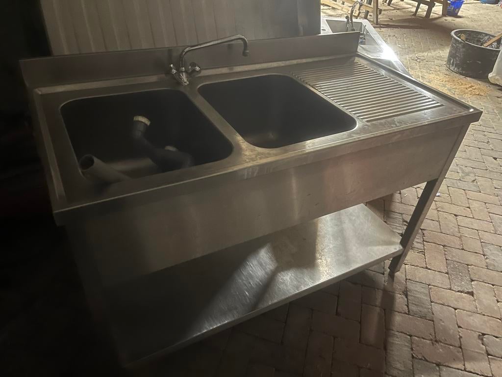 RVS aanrechtmeubel met dubbele spoelbak en afdruiprek, Huis en Inrichting, Keuken | Keukenelementen, Gebruikt, Ophalen of Verzenden