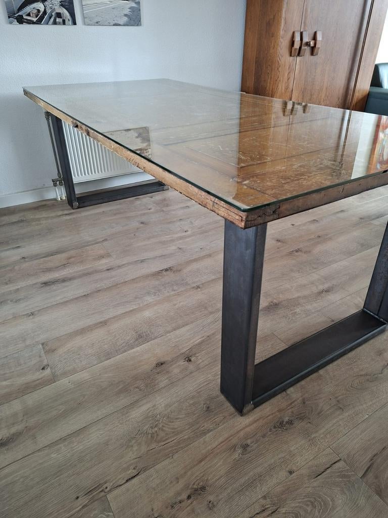 Eettafel van antieke deur 220x100cm, Huis en Inrichting, Ophalen, Rechthoekig, 50 tot 100 cm