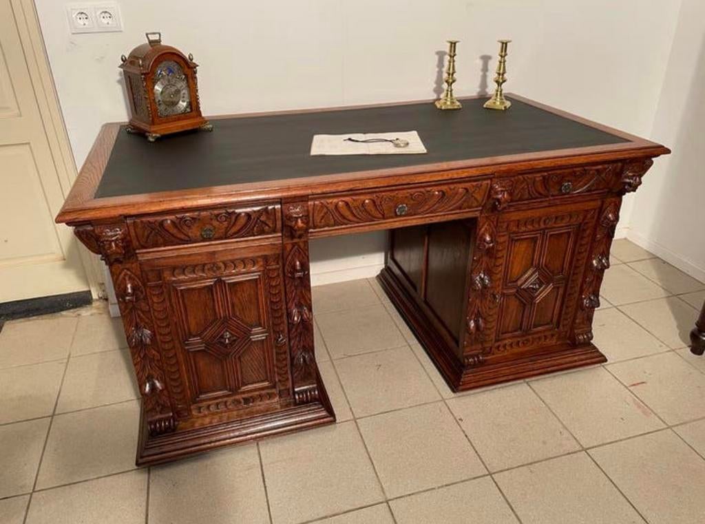 Oud Hollands eiken bureau met zwart inleg 160x85, Antiek en Kunst, Ophalen