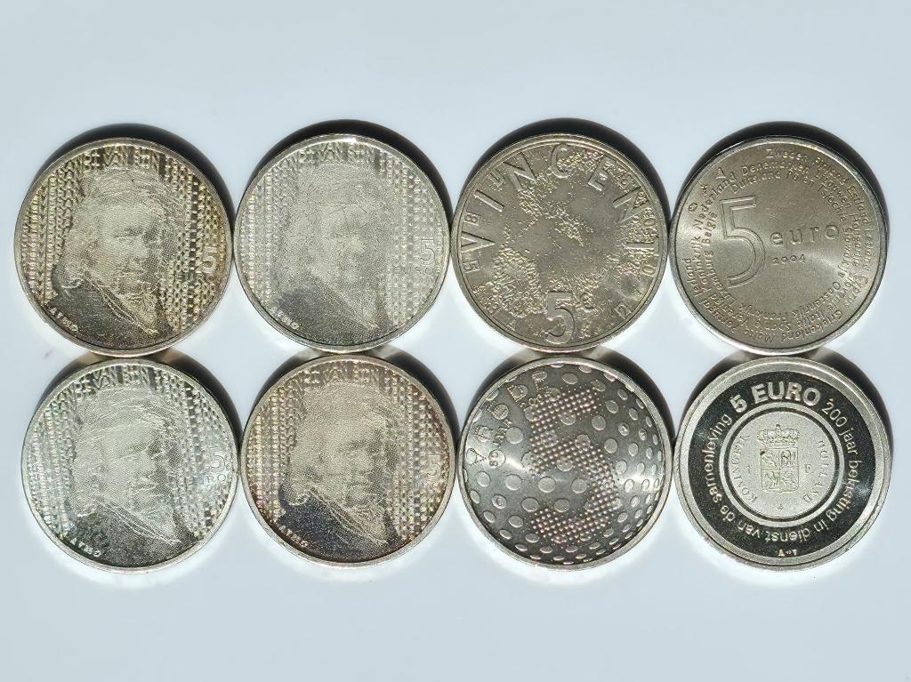 8x €5 zilveren munten Vijfjes — Gogh, Rembrandt, Vrede, etc., Postzegels en Munten, Ophalen, Setje, Koningin Beatrix, Zilver