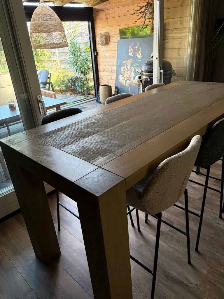 Eiken houten bartafel met 6 krukken., Ophalen, 200 cm of meer, 50 tot 100 cm, Zo goed als nieuw