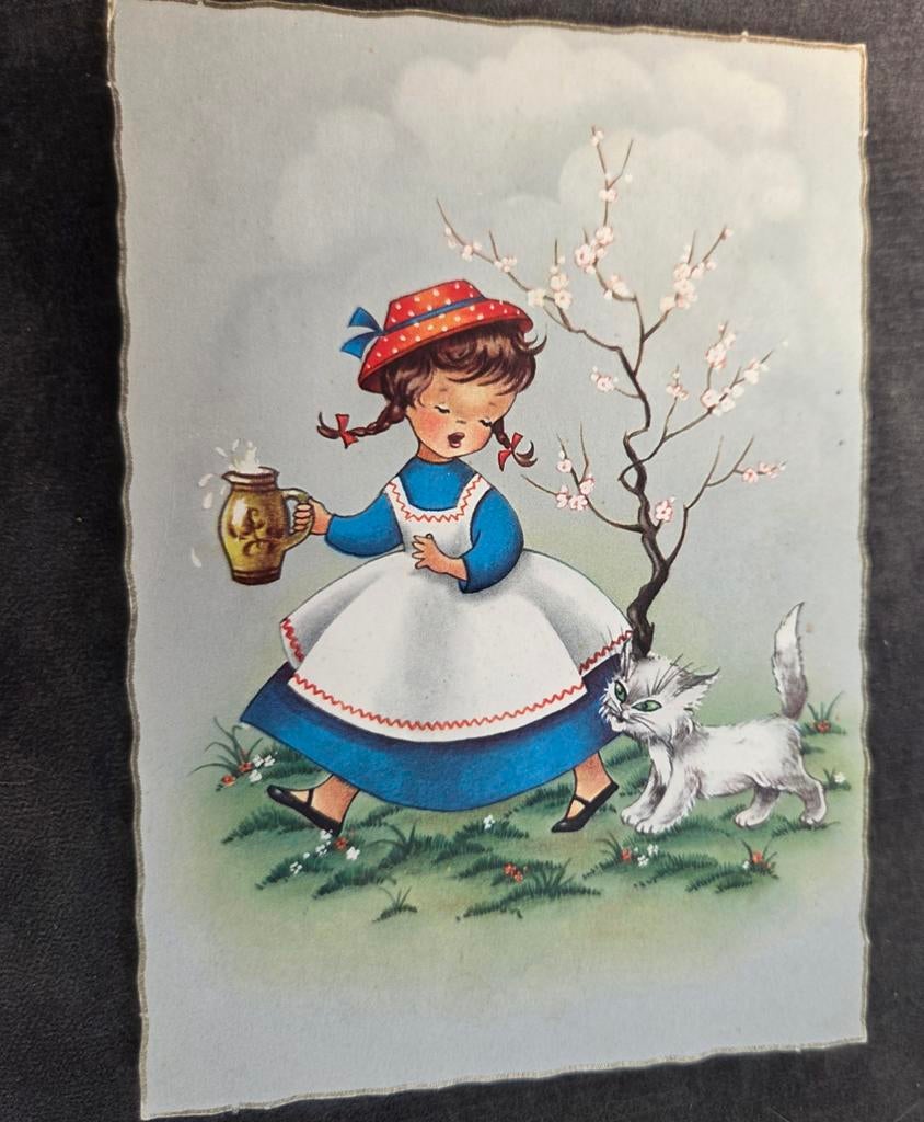 Meisje met kannetje melk en poes, Verzenden, 1960 tot 1980, Ongelopen, Kinderen