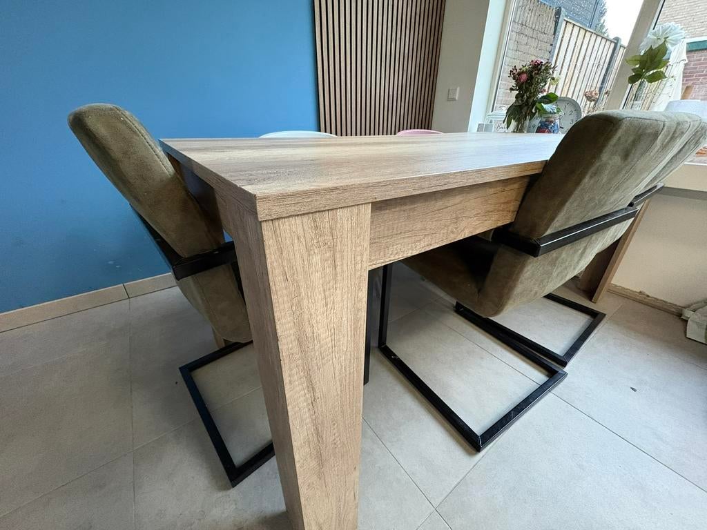 Eettafel, salontafel en 4 eetkamerstoelen (groen), Ophalen, 200 cm of meer, 50 tot 100 cm, Zo goed als nieuw