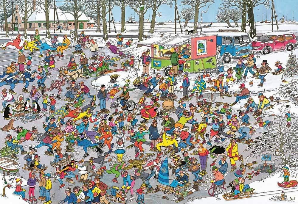 Puzzel 1000 st: Jan van Haasteren: Op glad ijs, Hobby en Vrije tijd, Denksport en Puzzels, Ophalen of Verzenden, 500 t/m 1500 stukjes