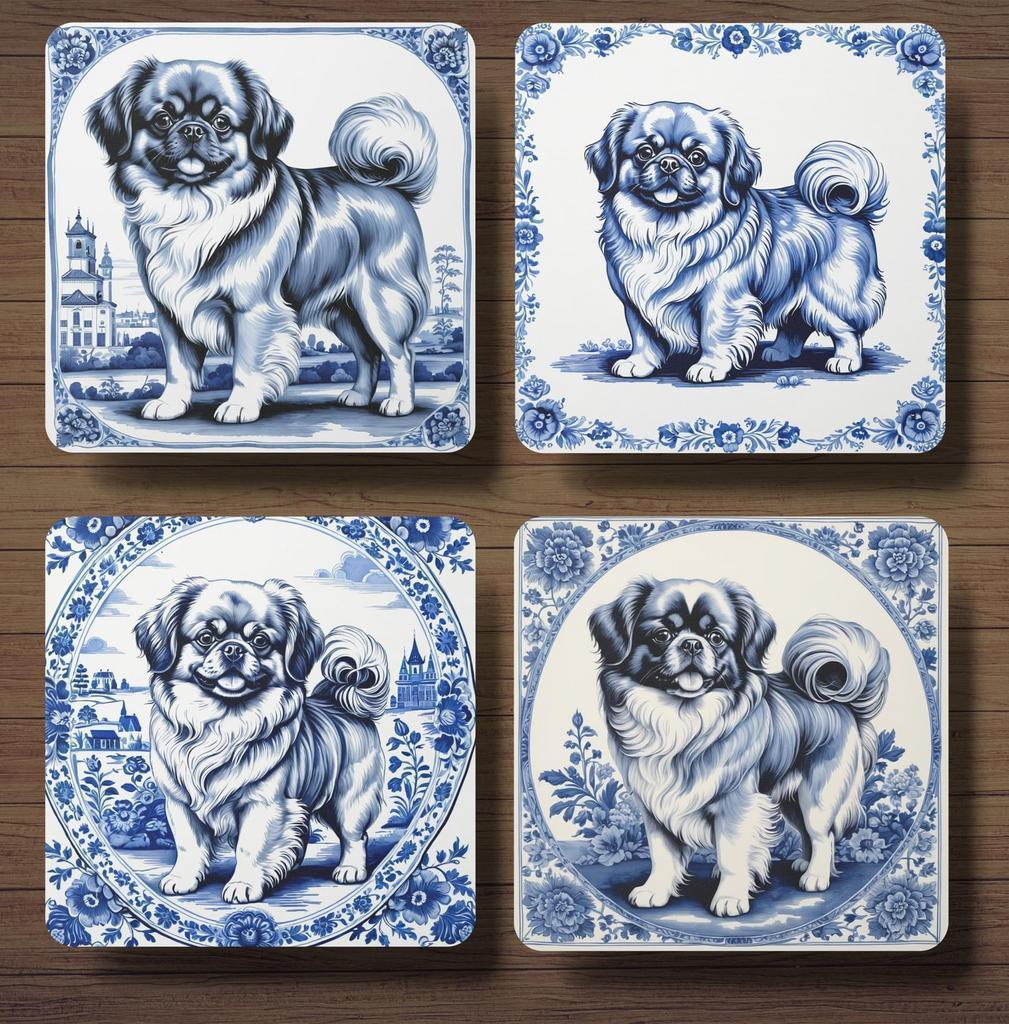 Tibetaanse Spaniël Delfts Blauw onderzetters met houder, Ophalen of Verzenden, Nieuw, Glas of Kopje