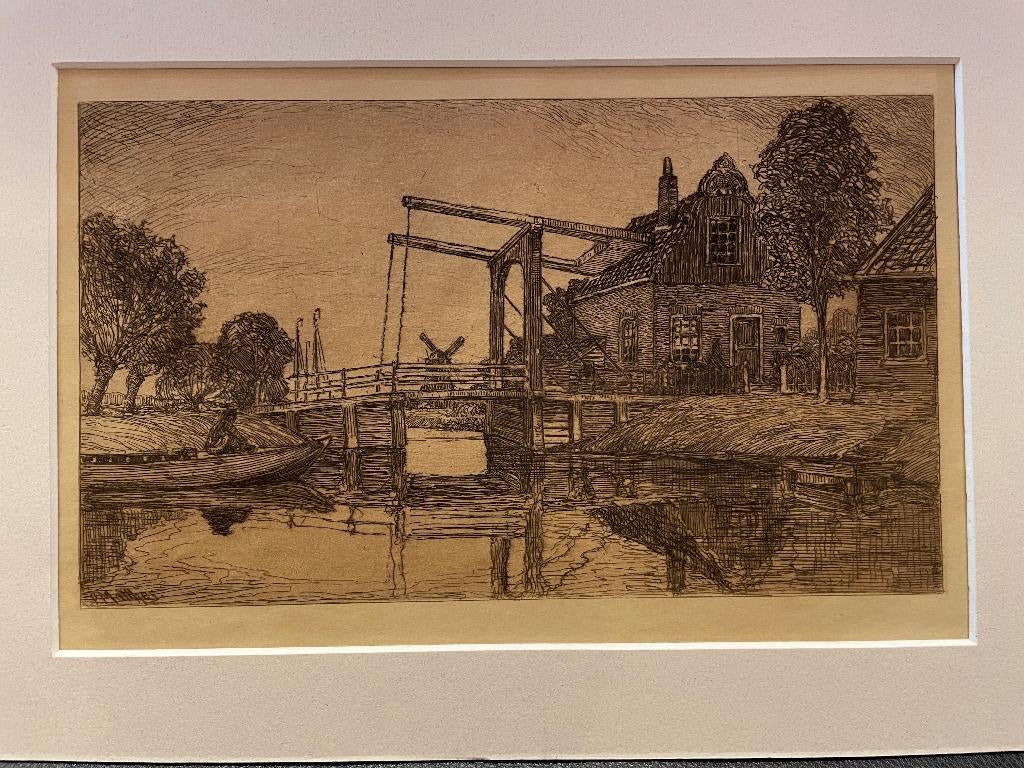 Matthes, P. (1872-1956) - Ets met ophaalbrug - bootje, 22 cm, Stadsgezicht, Gesigneerd, Ophalen of Verzenden