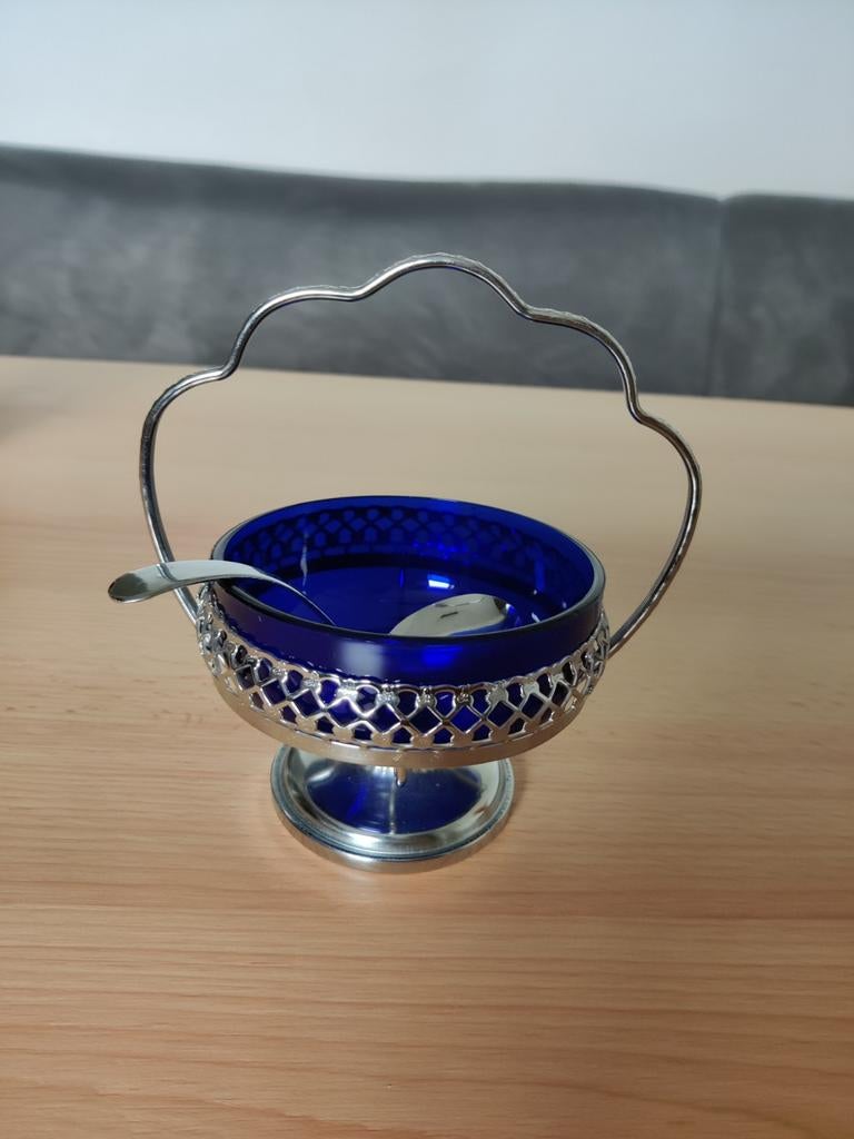Vintage suikerpotje met lepel, kobalt blauw, Ophalen of Verzenden