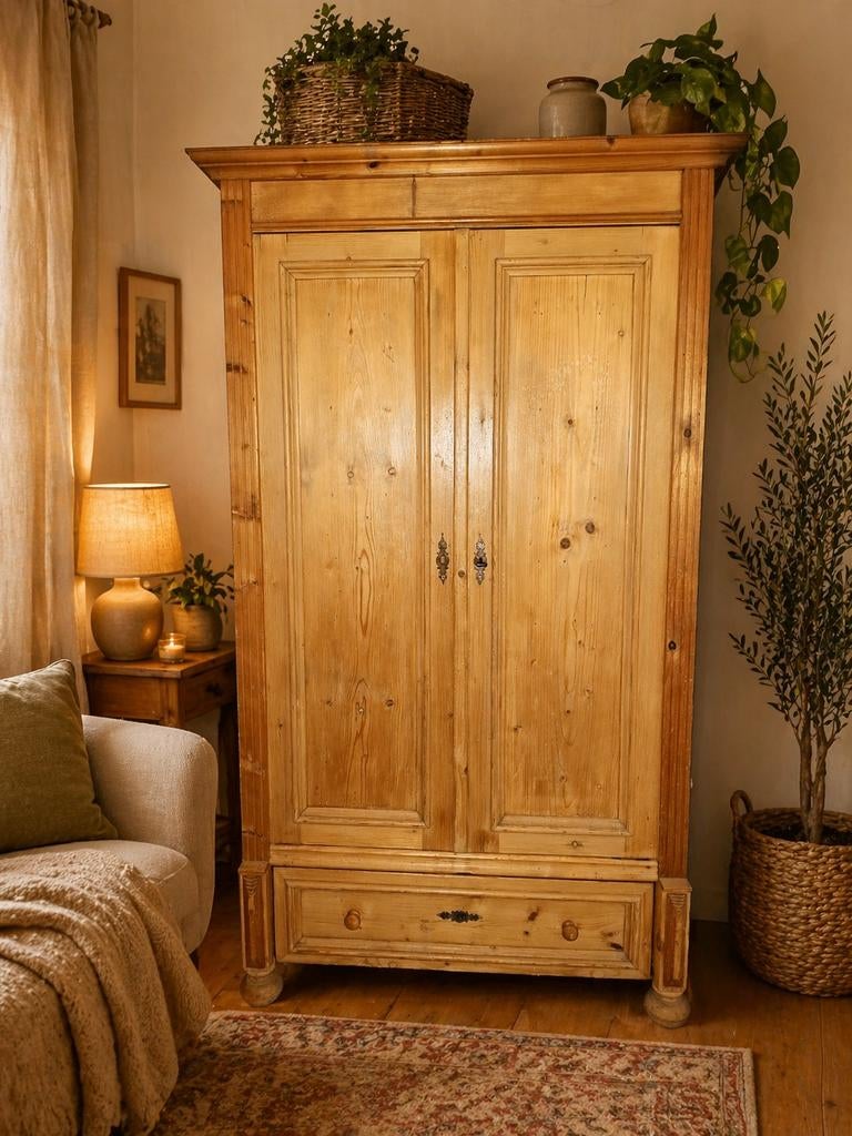 Antieke Franse grenen linnenkast – geloogd – brocante –, Ophalen, Gebruikt, 100 tot 150 cm, 150 tot 200 cm