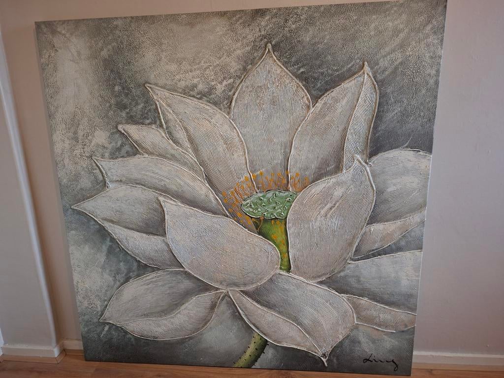 Groot schilderij 1x1m met lichte structuur - Lotusbloem, Antiek en Kunst, Ophalen